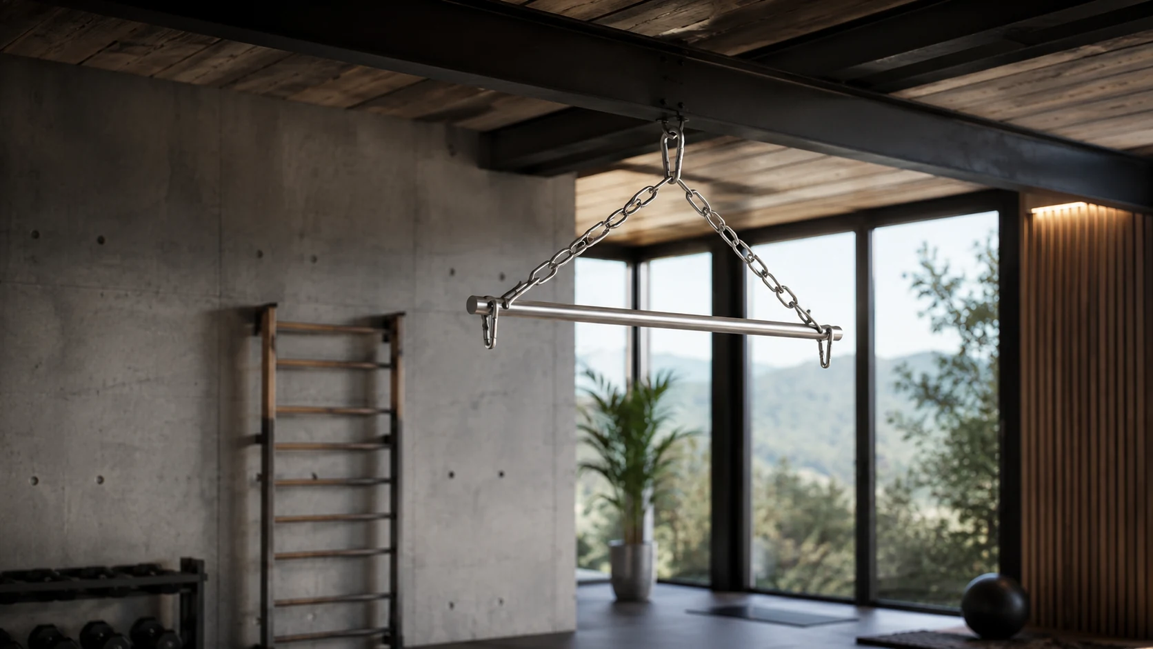 Home-Gym mit schwebendem Trainingsgerät und Metallwerk Aufhängung
