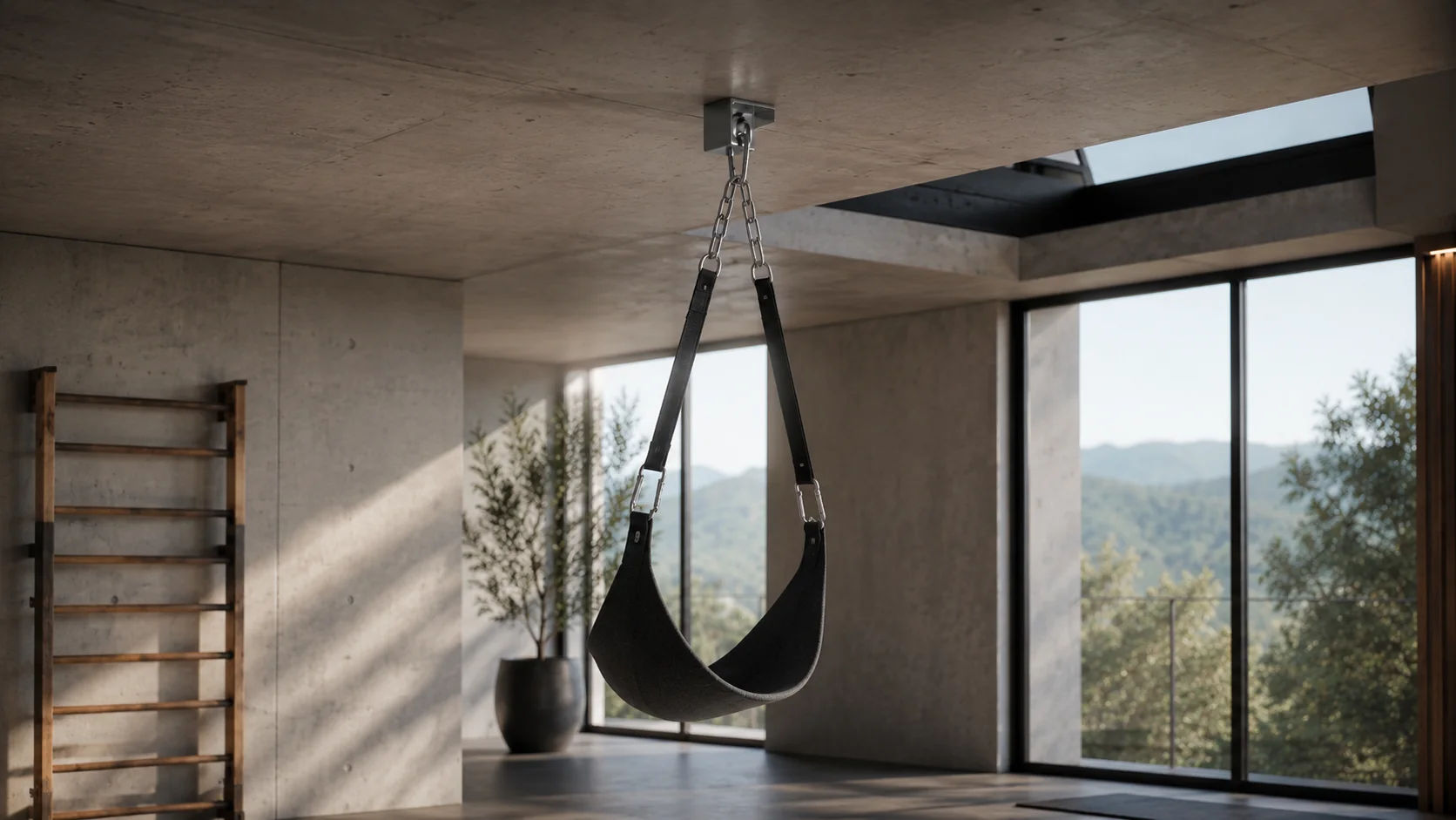 Minimalistisches Loft mit hängendem Sitz an einer Aufhängung