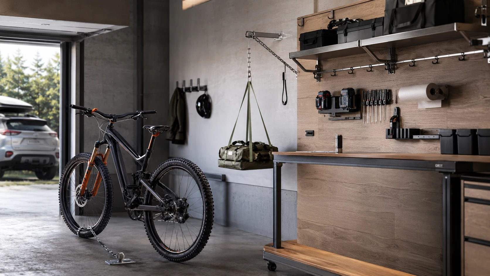 Werkstatt und Garage mit Fahrrad und Metallwerk Produkten