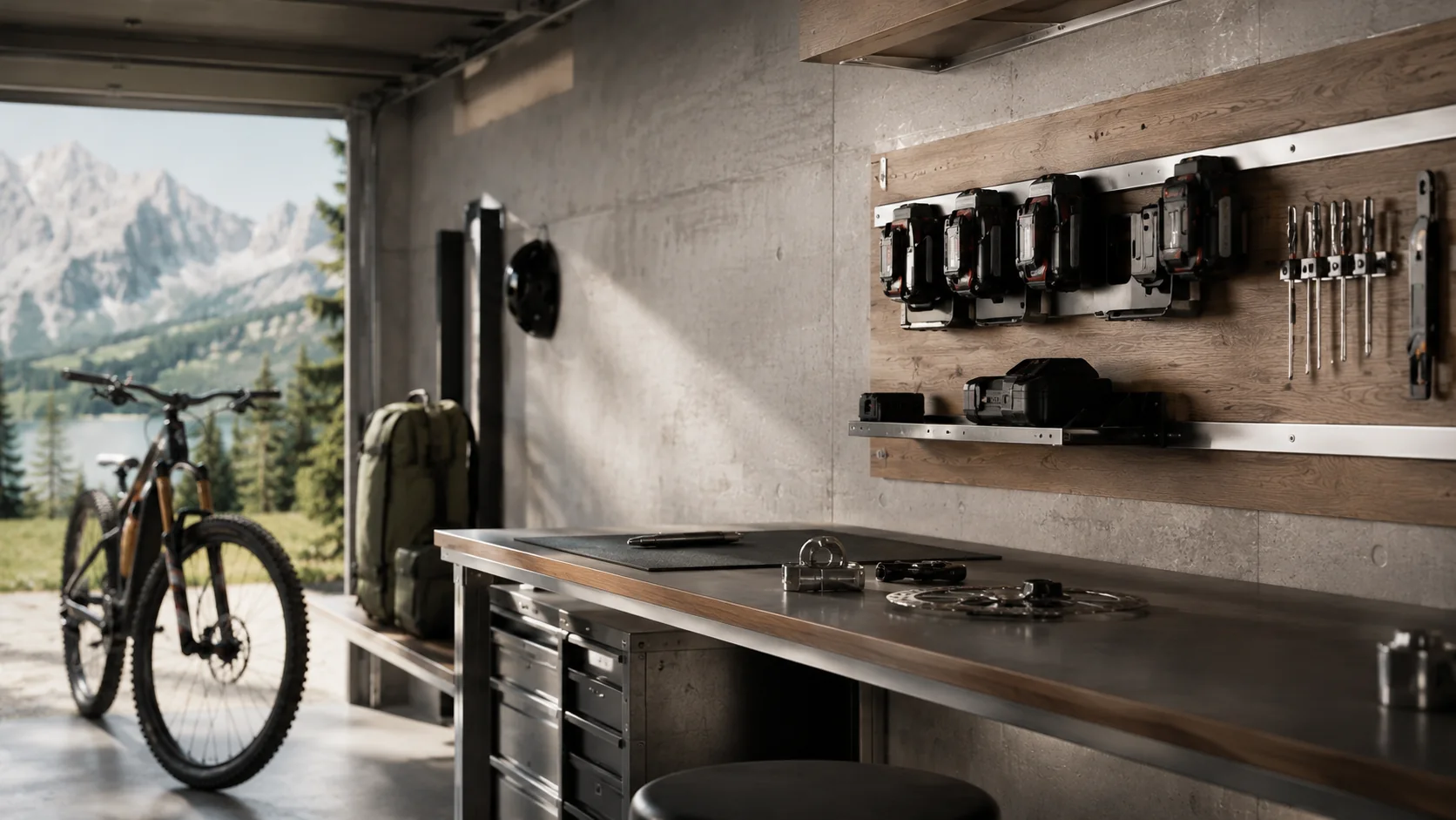 Moderne Werkstatt mit Bergblick und sachlicher Metallwerk Stimmung